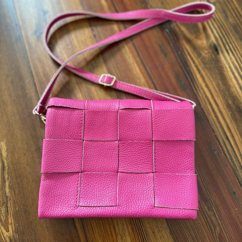 Pink Woven Leather Crossbody Bag